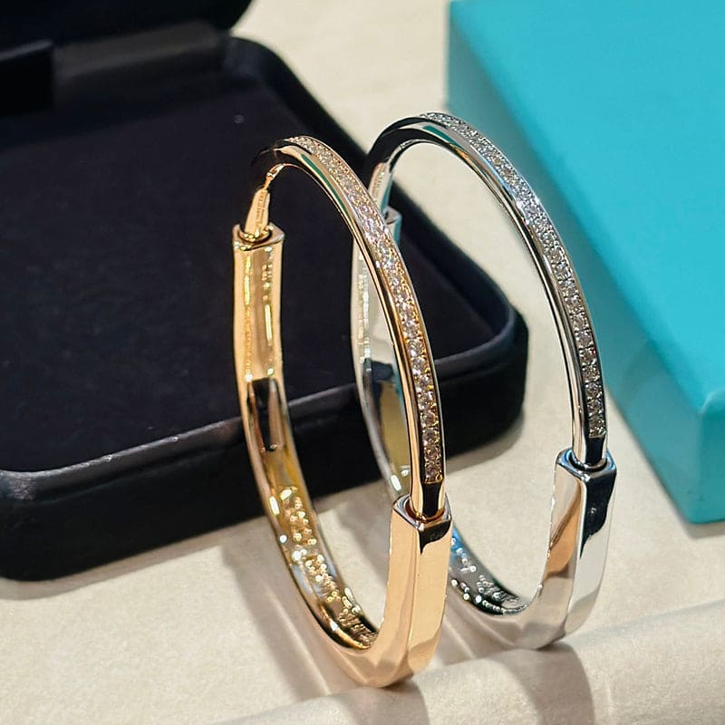 18K T Lock Bangle Half Pave Diamonds Bracelet