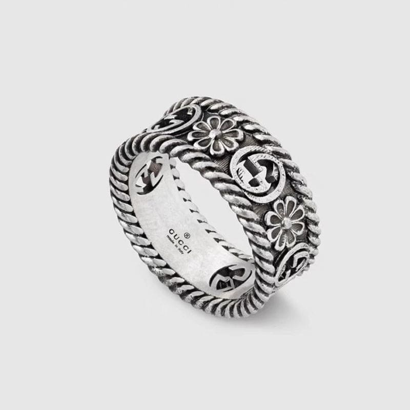 GG Aged Sterling Silver Interlocking G Flower Ring