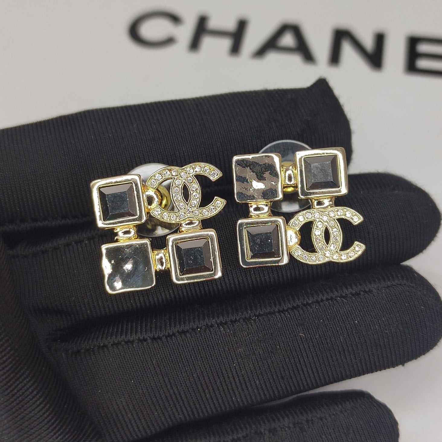 18K CC Black Crystals Earrings