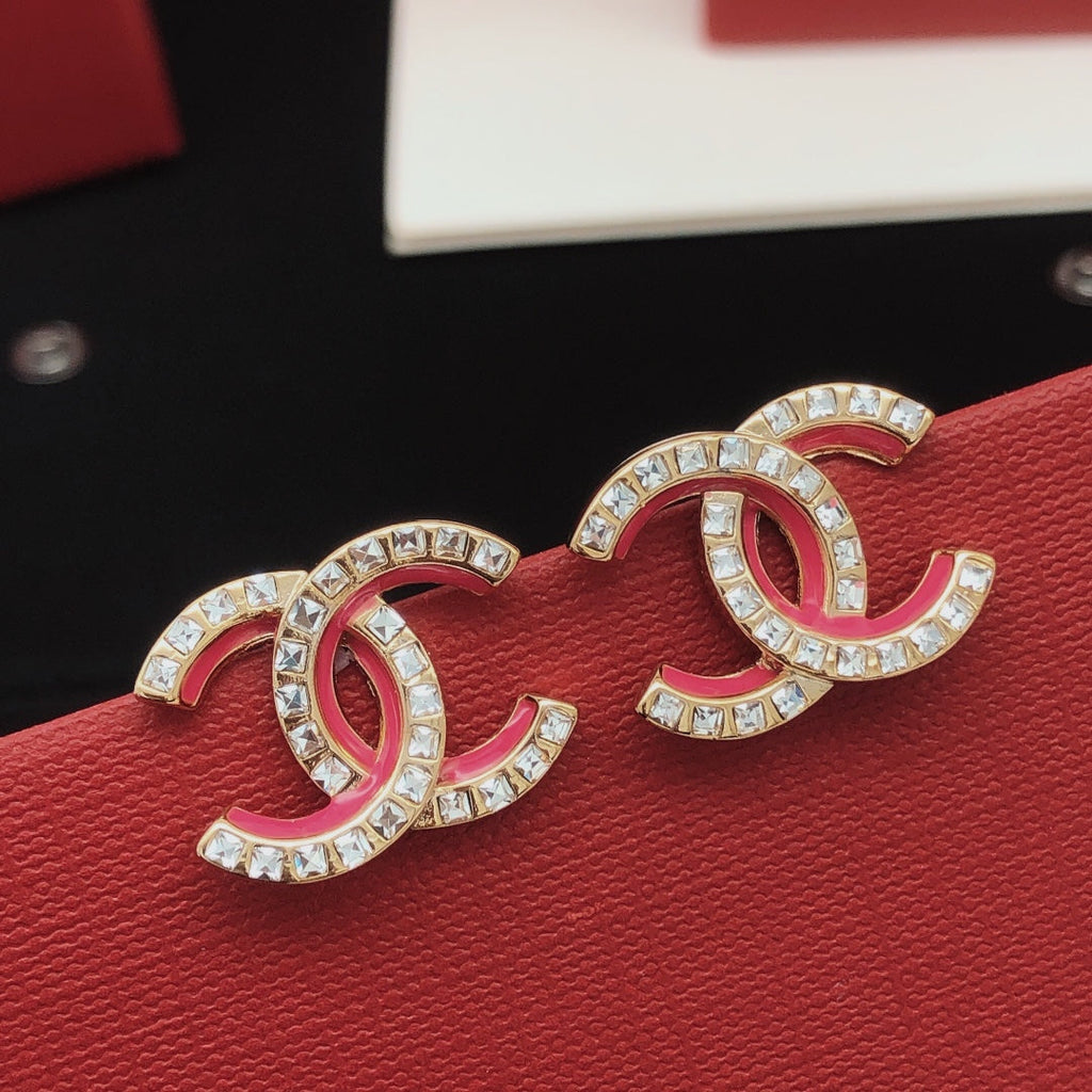 18K CC Pink Resin Crystals Earrings