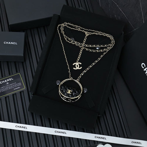 18K CC Black Bag Long Leather Necklace