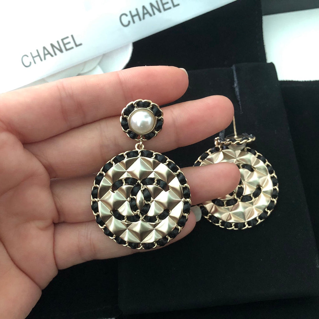 18K CC Leather Round Earrings