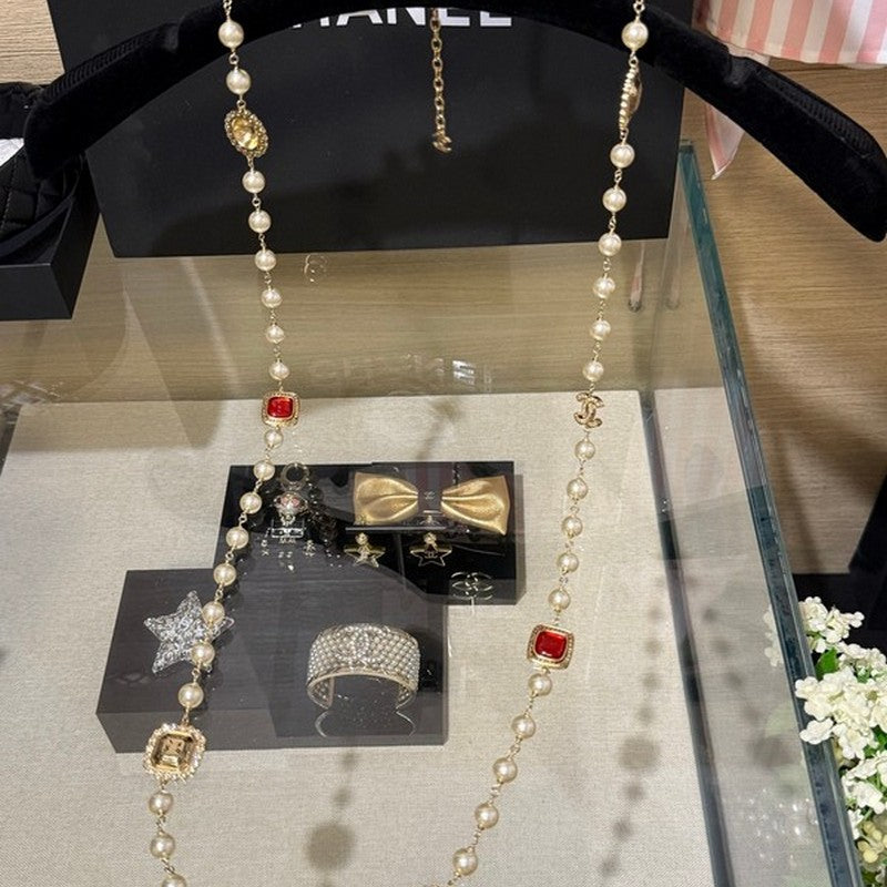 18K CC Long Pearl Red Crystals Necklace