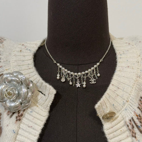 18K CC 26C Pearl Diamond Tassel Choker Necklace
